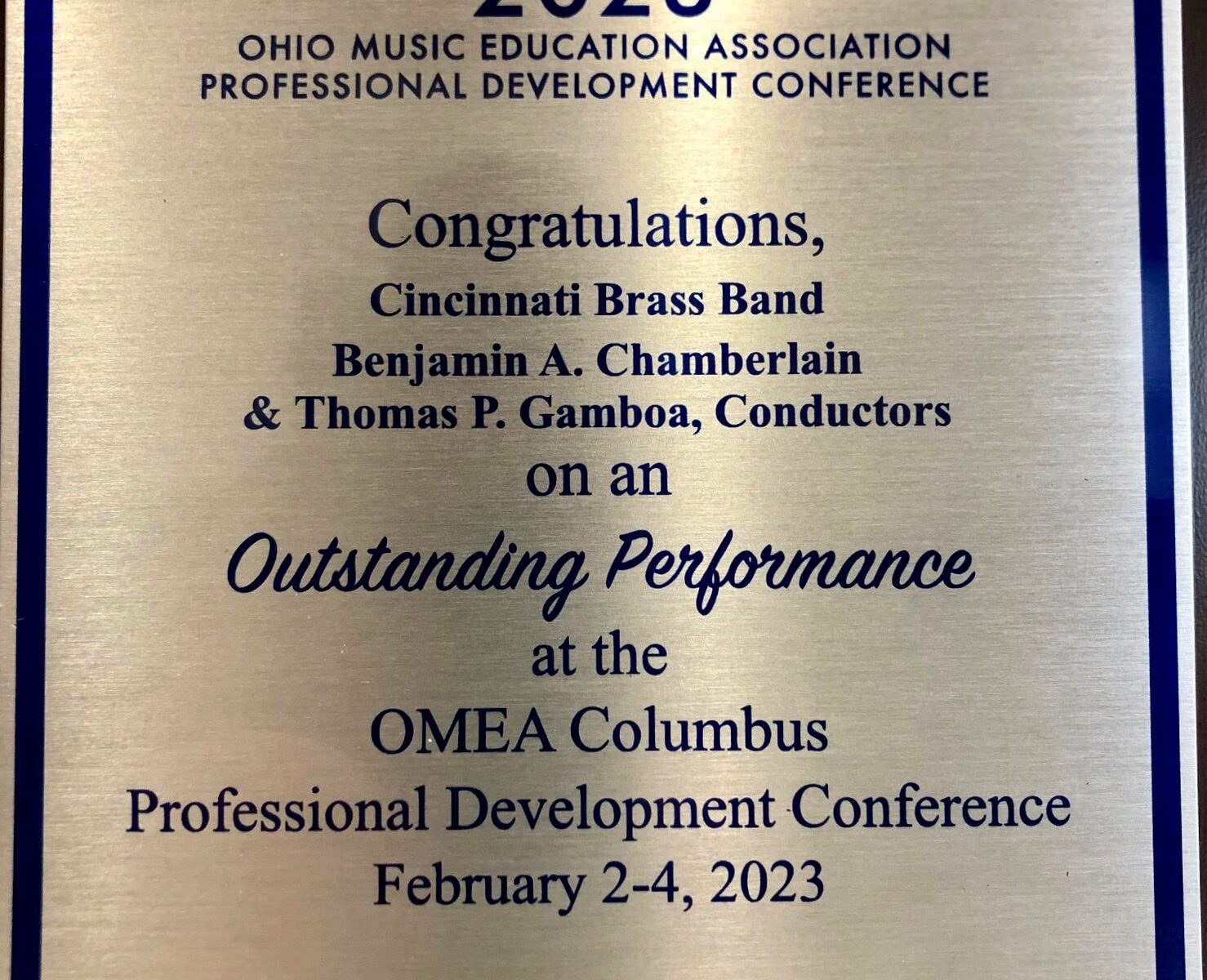 plaque given to the Cincinnati Brass Band by OMEA