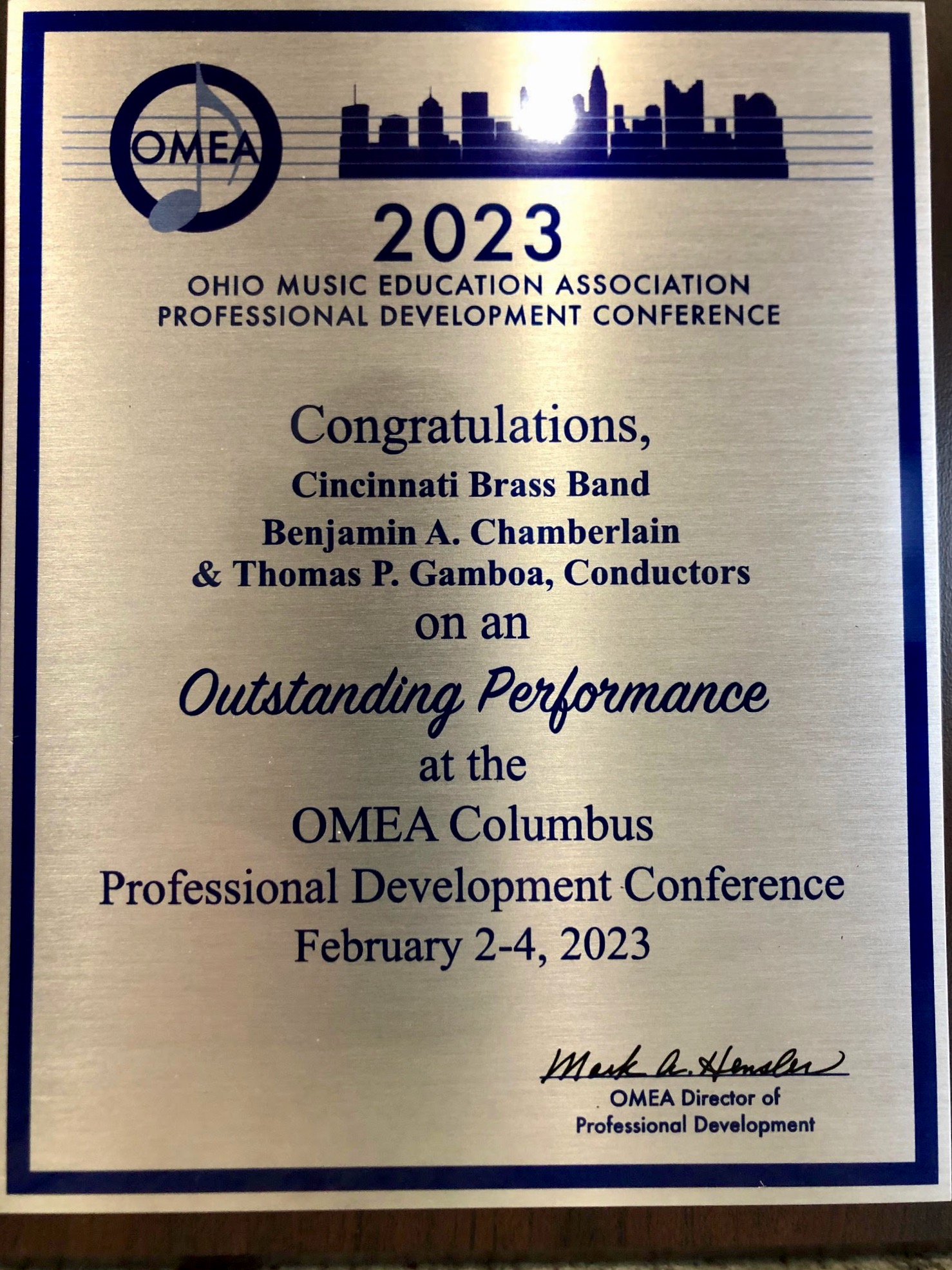 plaque given to the Cincinnati Brass Band by OMEA